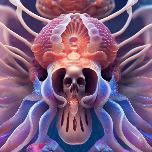 AI generated: Goddess close-up portrait ribcagel. jellyfish phoenix head, nautilus, orchid, skull, betta fish, bio...