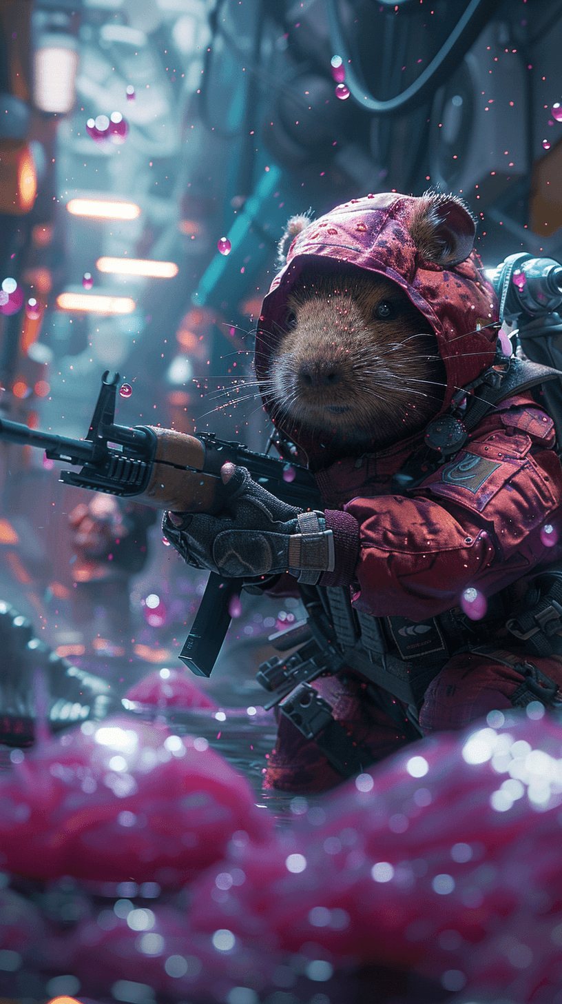 AI generated: capybara's army, armed with AK-47, with Nike sneakers on their feet, fighting a giant slime, purple ...