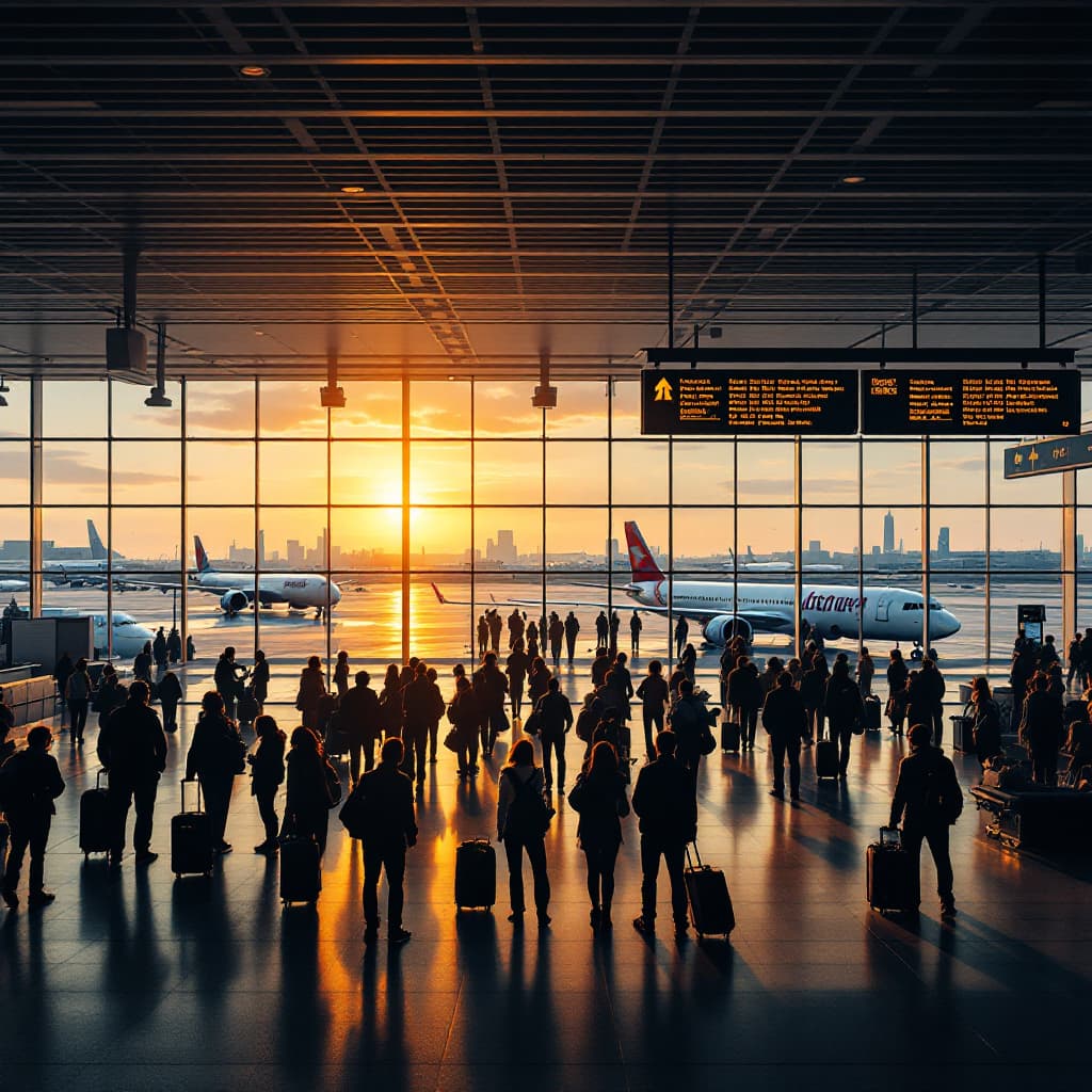 AI generated: big amount of people waiting in an airport because the flights are delayed