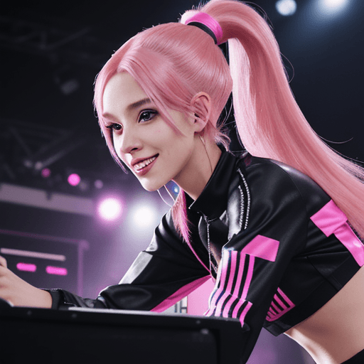 AI generated: RAW photo of female DJ, 24 years old, skinny, (futuristic DJ set:1.2), bright pink hair, messy ponyt...