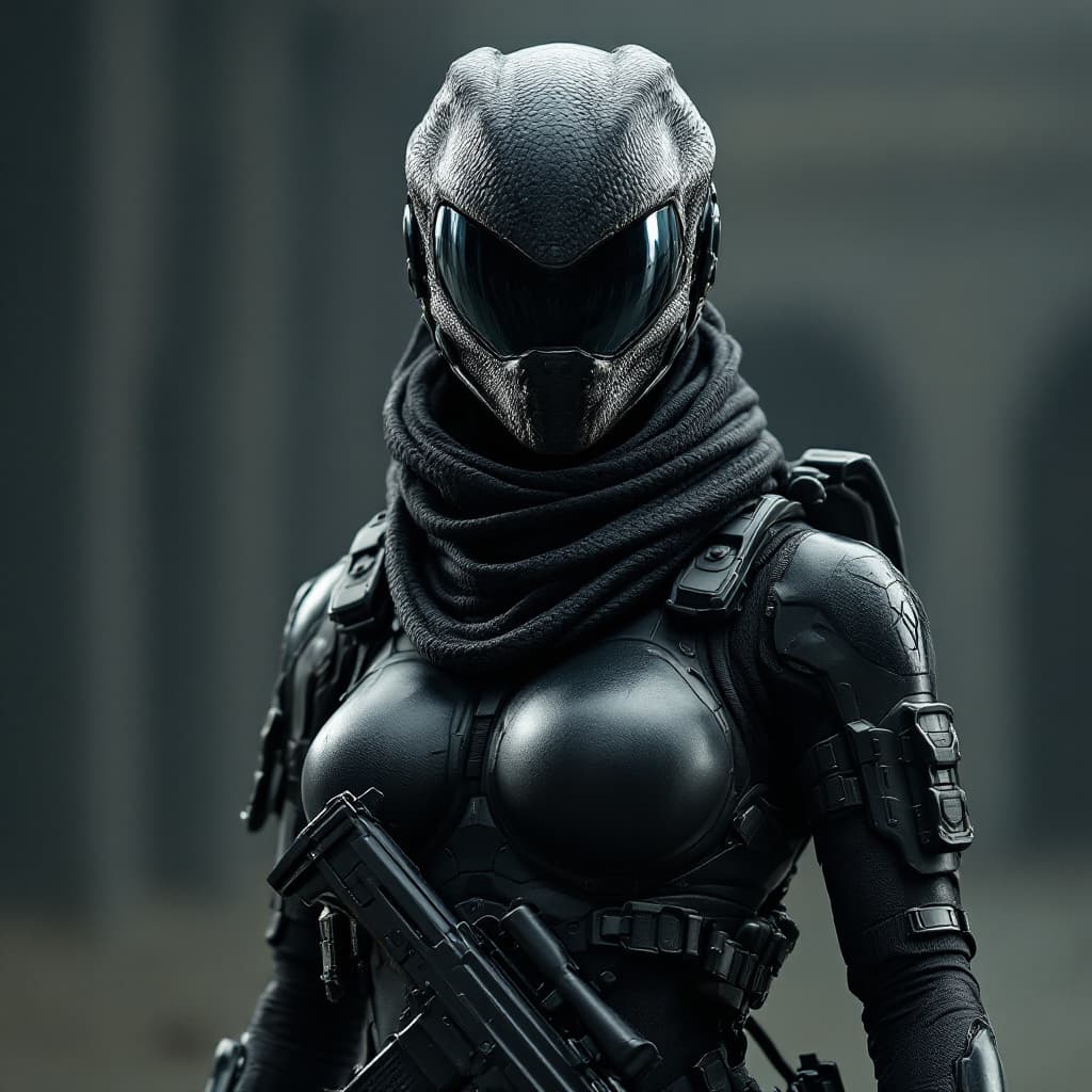 AI generated: Photo of a ultra realistic Female in tactical armor and helmet resembling a snake head and skin with...