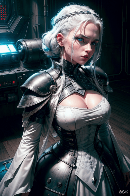 AI generated: a beautiful white-haired queen, future themed, ((wearing black formal clothes, black mechanical outf...
