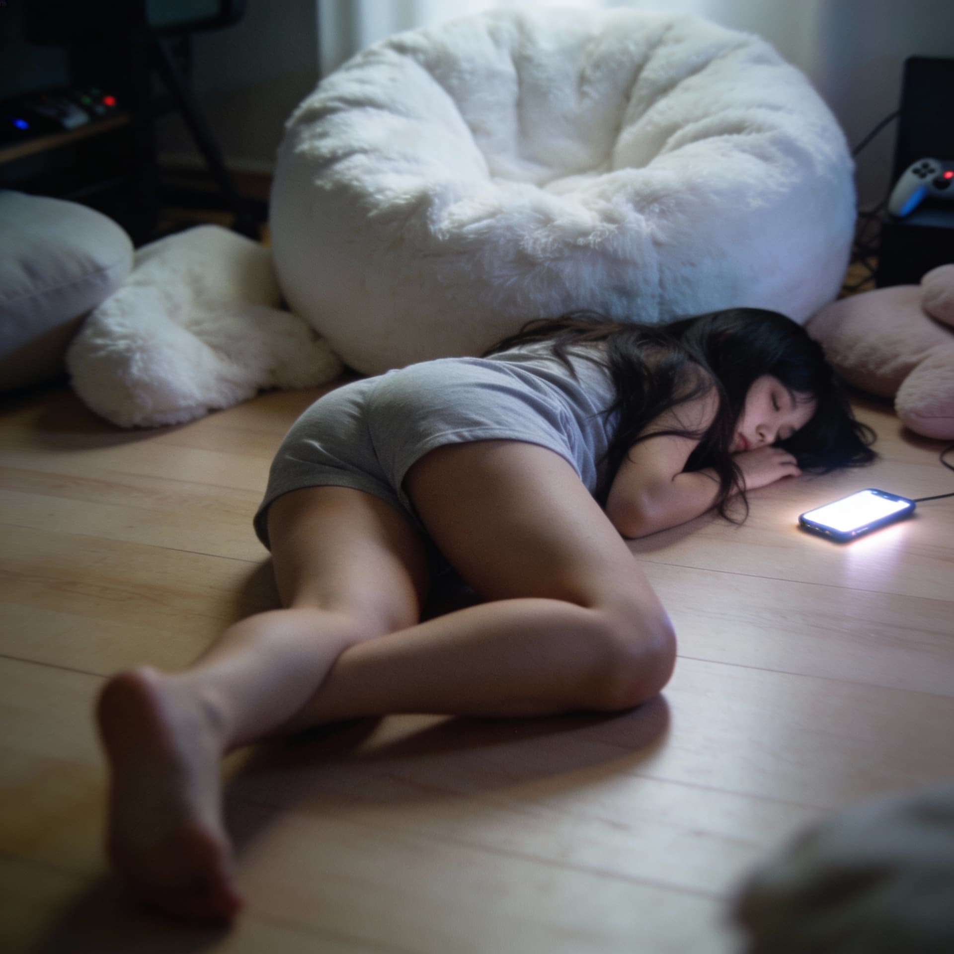 AI generated: A bright lit, cozy bedroom scene at day, featuring a young person with long dark hair lying sprawled...