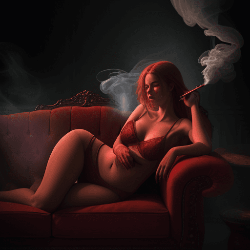 AI generated: photography, dimly lit room with a hazy atmosphere, capturing a female figure lounging on a deep cri...