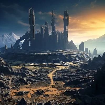 AI generated video: The camera moves along the surface of an alien planet towards the ruins of an alien city 