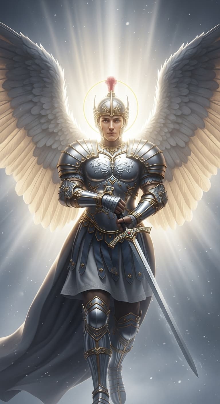 AI generated: Ultra-detailed, hyperrealistic raw photo of Saint Michael the Archangel. Ethereal and celestial scen...