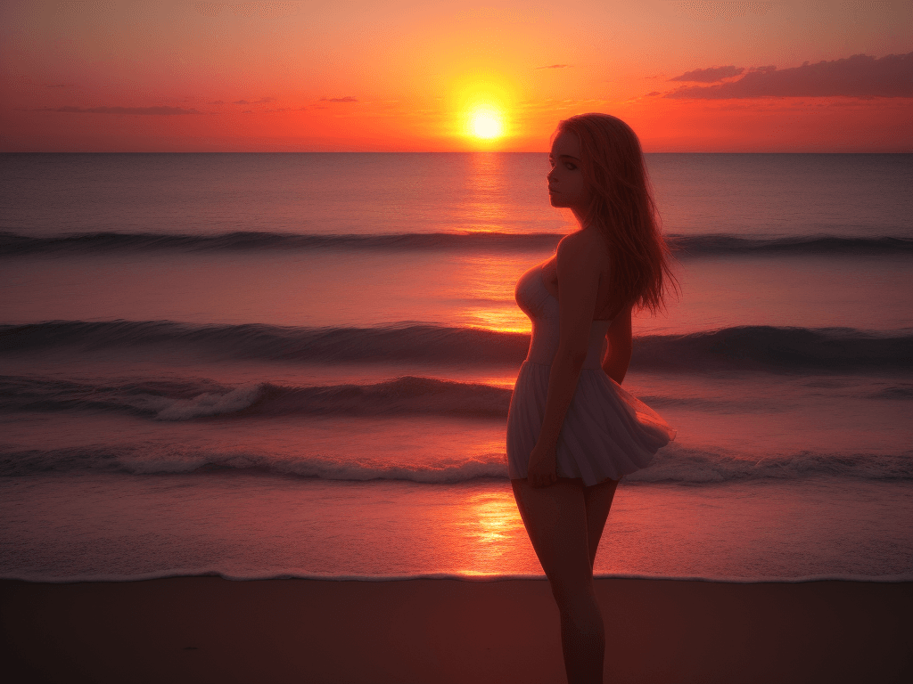 AI generated: Surreal picture of sunset, ocean and beautiful girl.