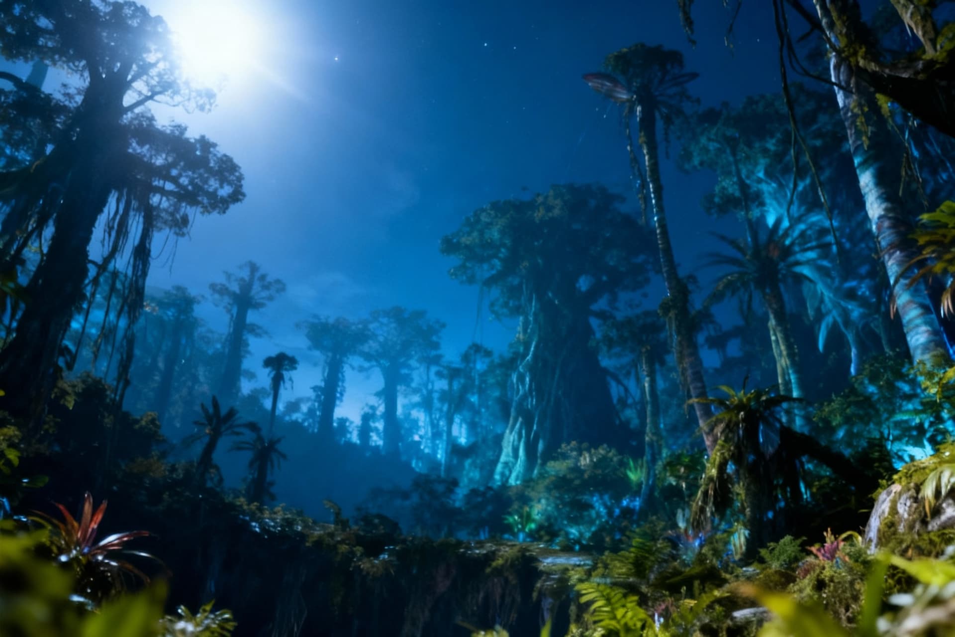 AI generated: a low quality amateur mediocre landscape photo of pandora, night time in the forest, harsh flash
