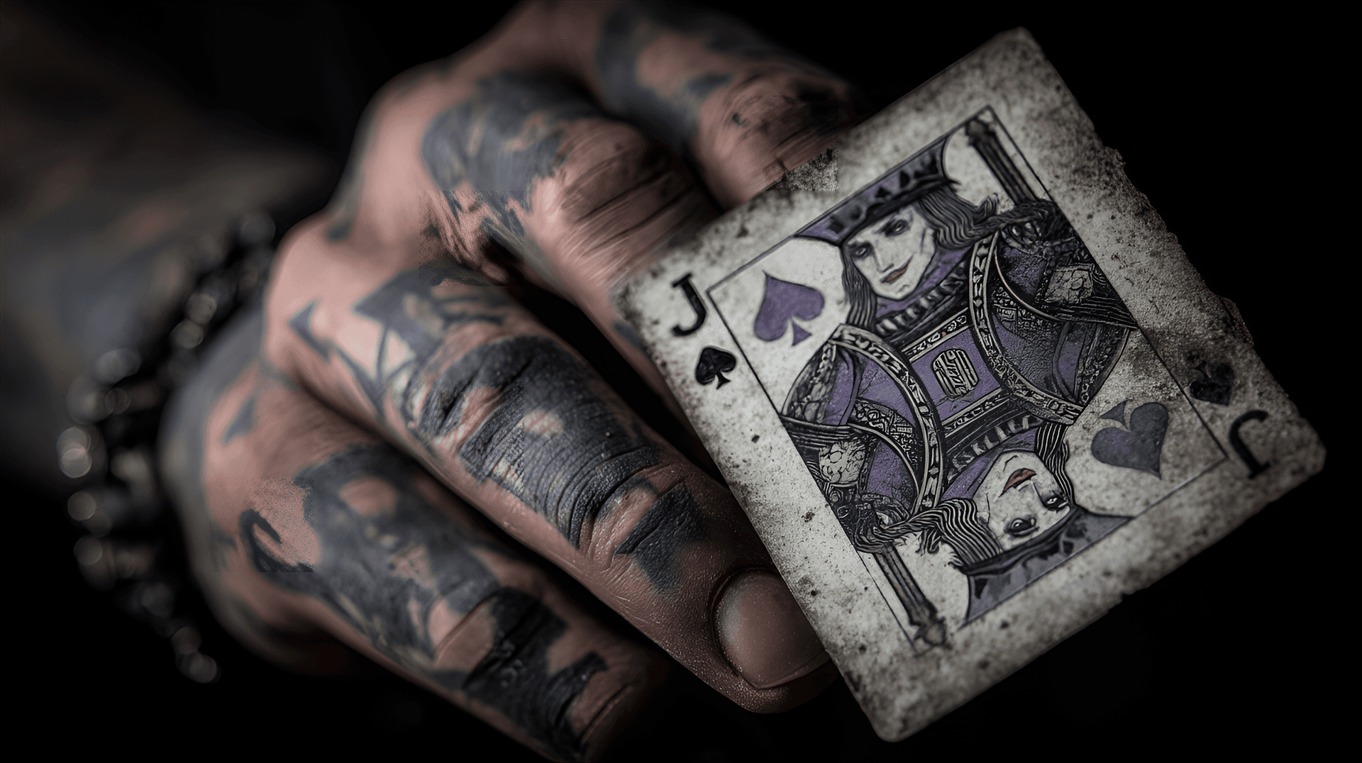 AI generated: Close-up, tattooed hand holding a weathered playing card, Joker face in background, dramatic lightin...