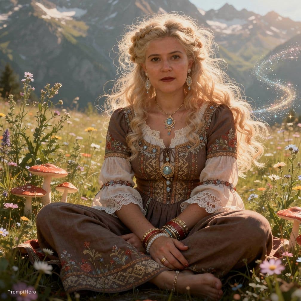AI generated: A full-figured blonde with untamed, cascading curls and a loose braid framing her face sits cross-le...