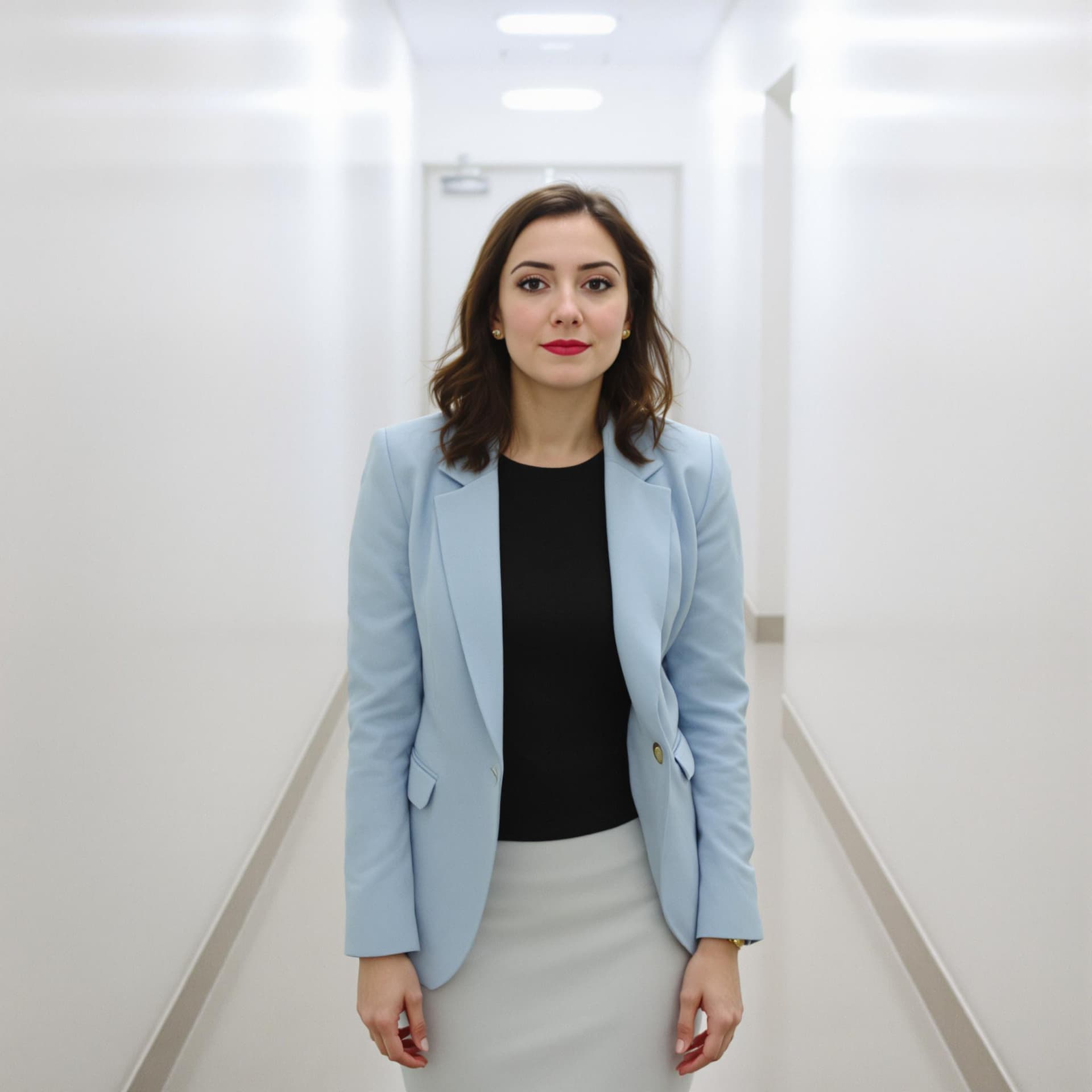 AI generated: woman stands in a hallway. She is dressed in a black top, a light blue blazer, and a skirt.  The bac...