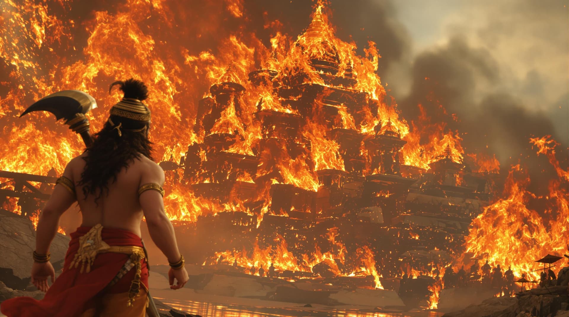 AI generated: Hanuman Looking at the burning Lanka, back angle, hanuman mace in his hand. Cinematic, ultra realist...