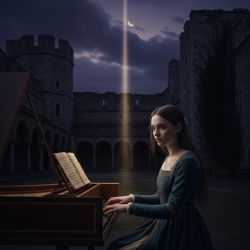 AI generated: hauntingly beautiful picture of a young lady in medieval times.  she is sitting in the middle of an ...