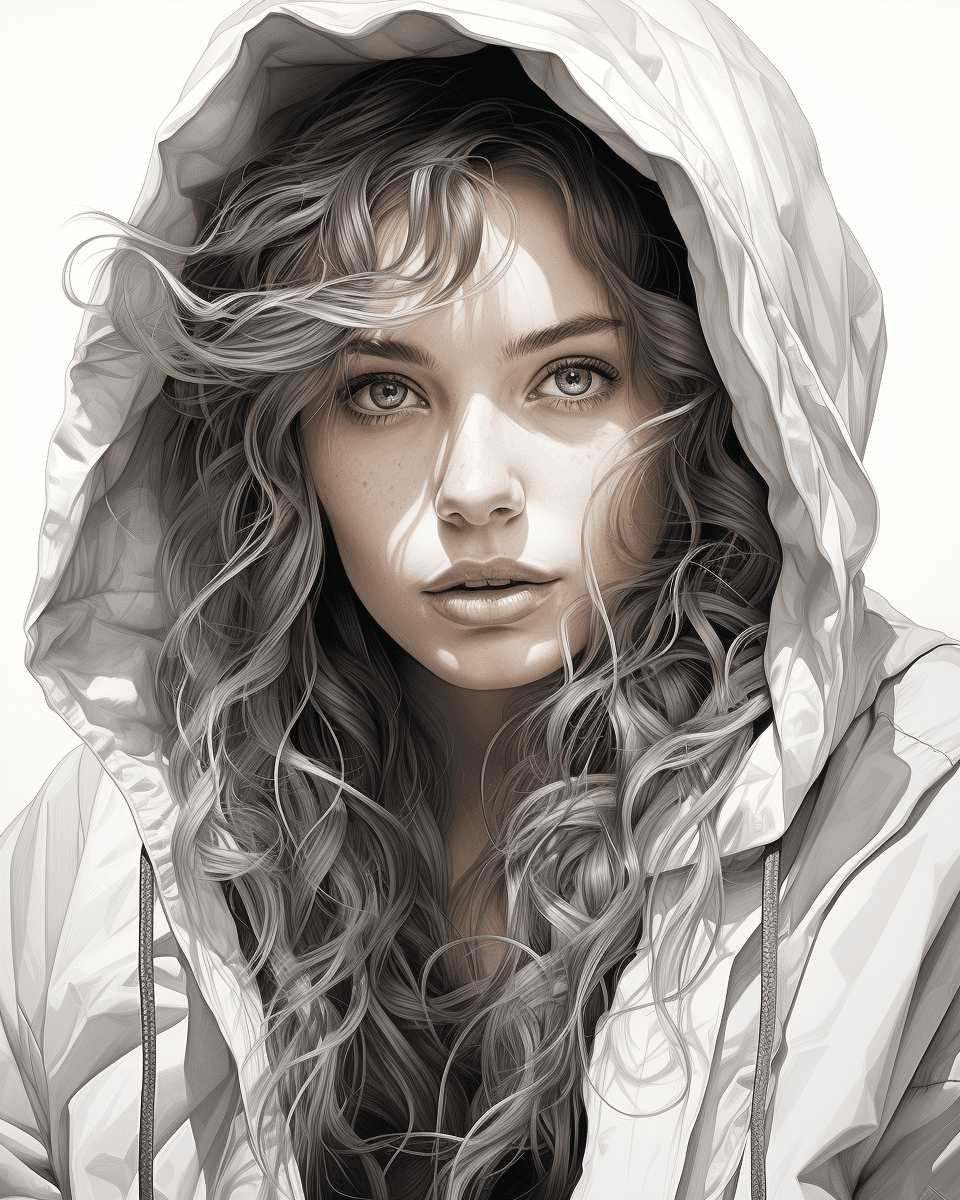 AI generated: a portrait of a woman in a hoodie, in the style of flawless line work, photo-realistic drawings, i c...