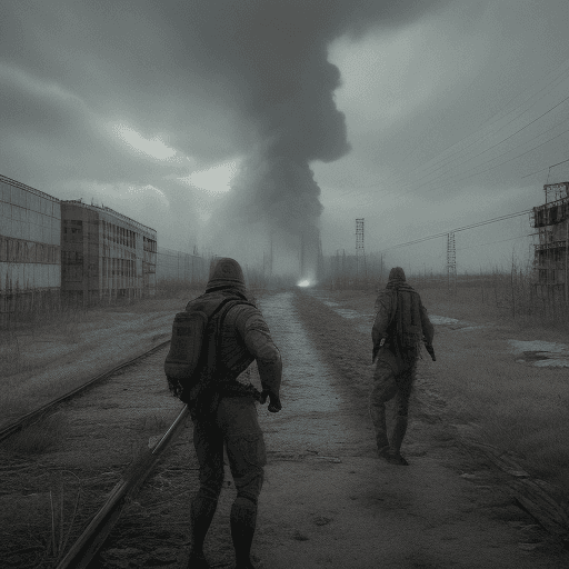 AI generated: explosion at the Chernobyl station, mutants around, two stalkers shooting back from mutants, field, ...