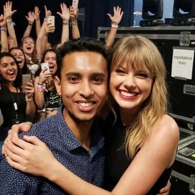 AI generated video: with Taylor Swift backstage at a concert, excited fans vibe