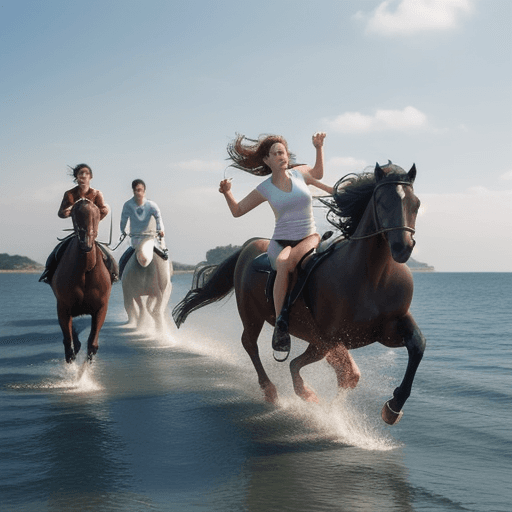 AI generated: 5 running horses around the sea