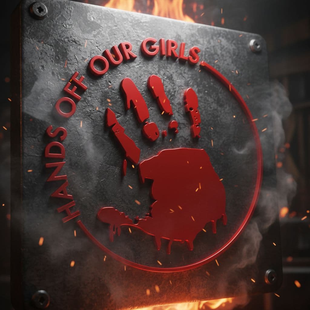 AI generated: Create a hyper-realistic cinematic render of the “Hands Off Our Girls” logo embossed on a rugged ste...