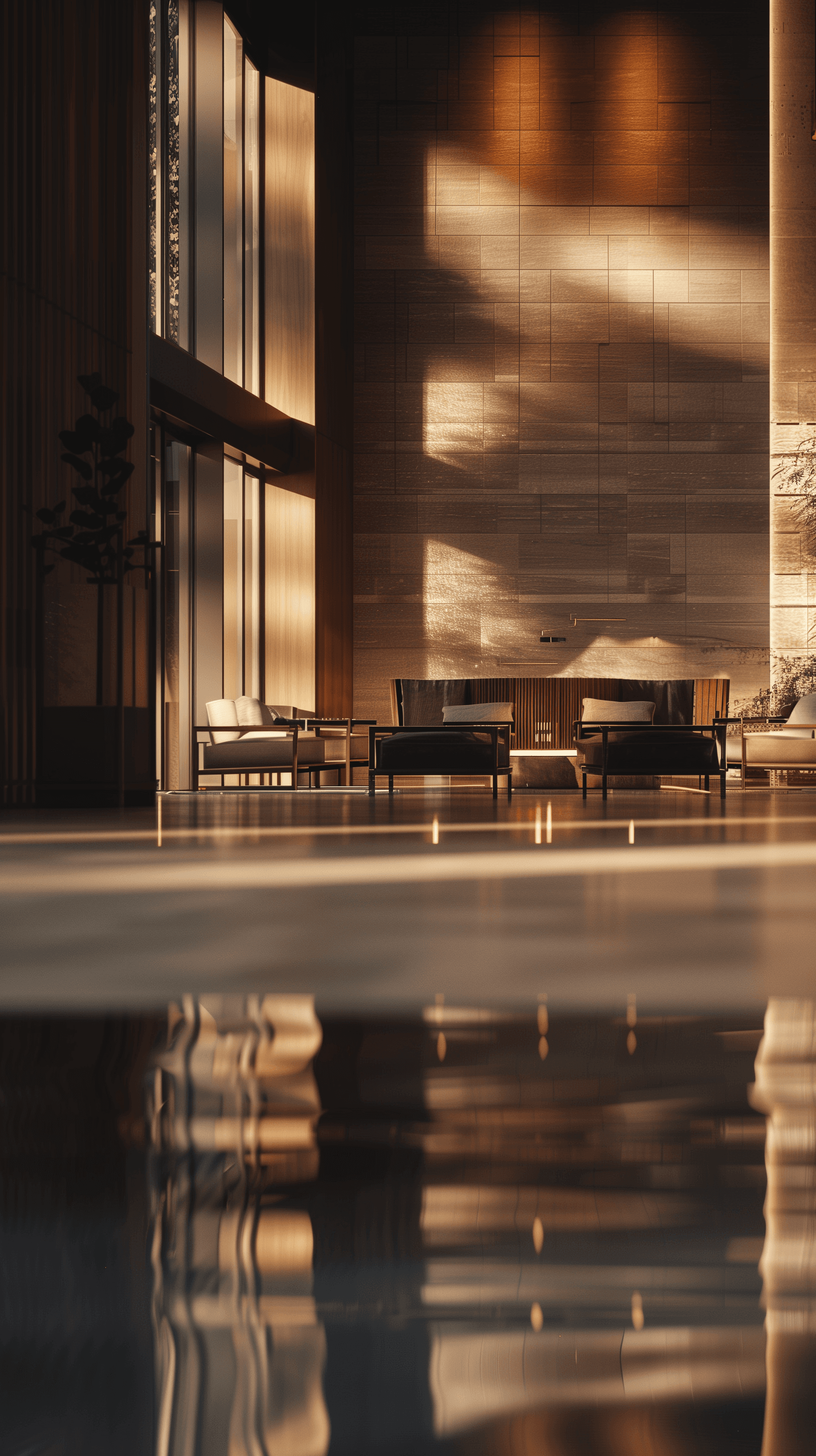 AI generated: photography, perspective, boutique hotel lounge, minimalism, expert, minimalist sleek design with in...