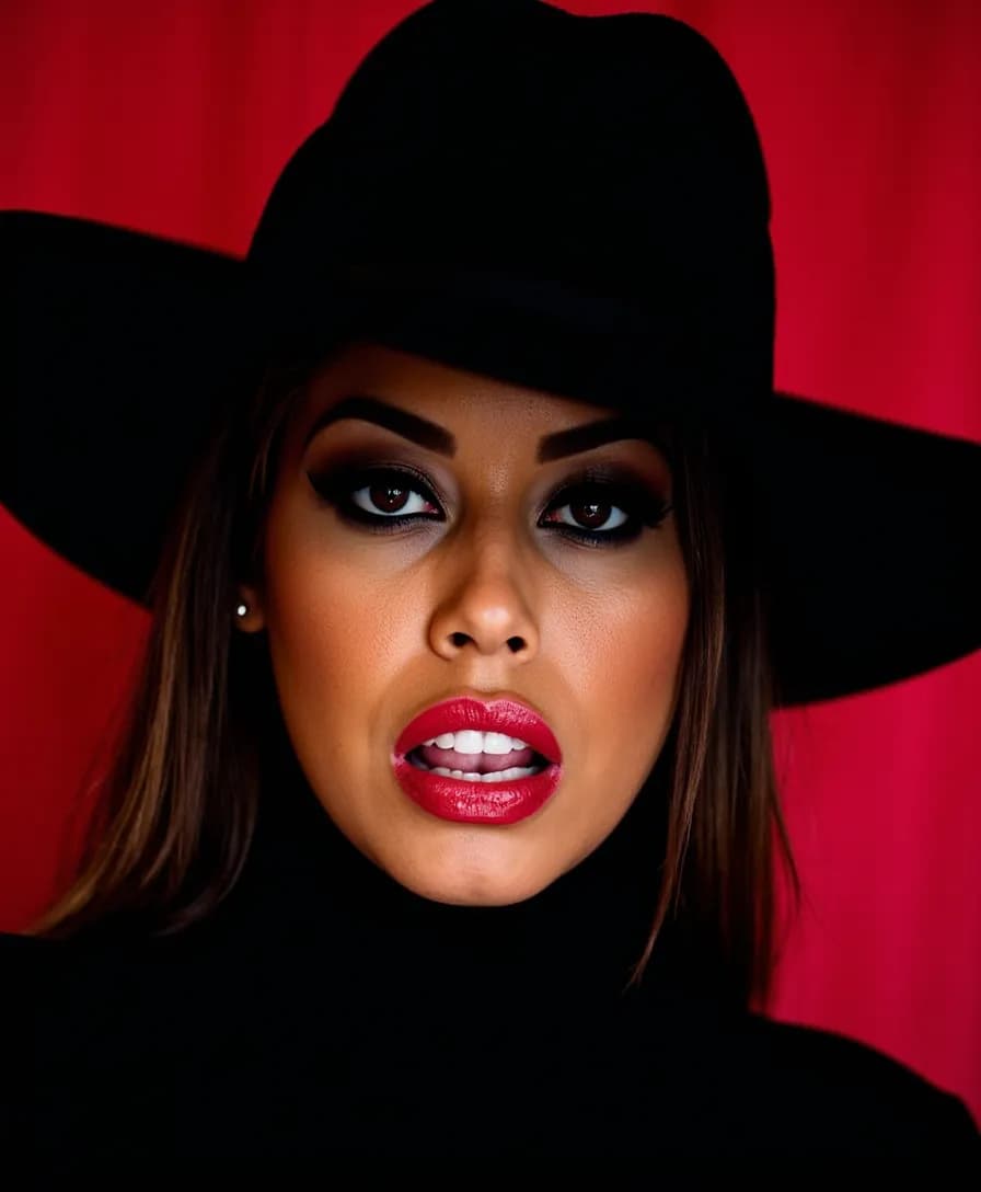 AI generated: The image is a close-up portrait focusing on the face of a Latina woman, wearing a black hat. The pe...