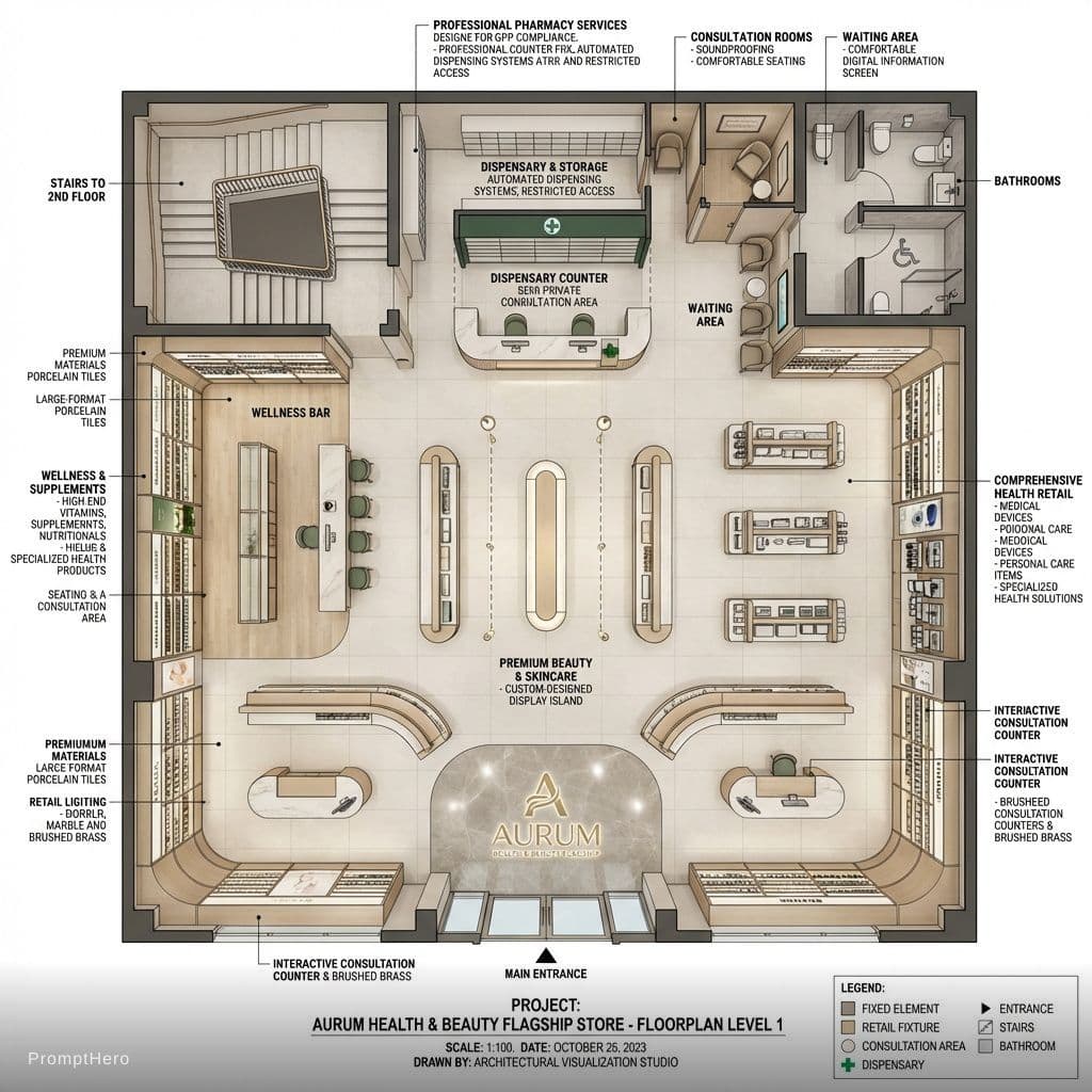 AI generated: Create a luxury flagship health and beauty retail architectural floorplan visualization of a modern ...