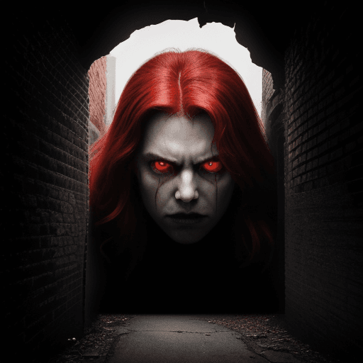 AI generated: A demonic face staring out of a large hole in a brick wall in an alley,ominous atmosphere, red light...