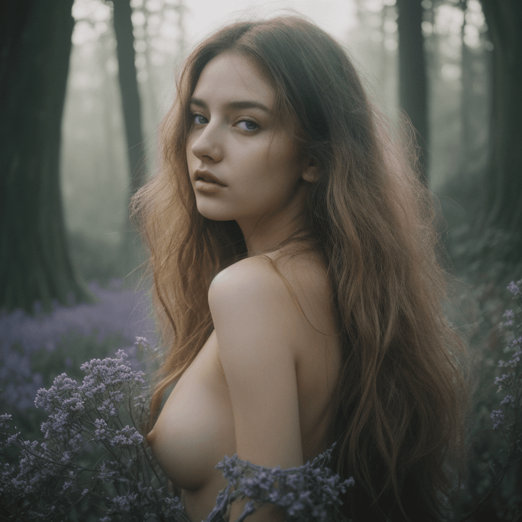 AI generated: Her back to the camera, standing in front an old stone wall, (overgrown:1.1) with (purple:1.1) and (...