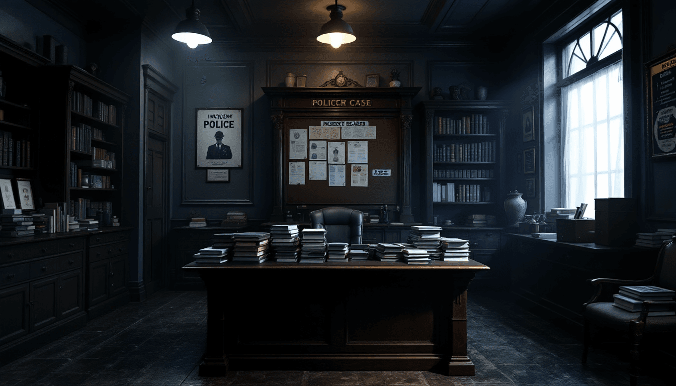 AI generated: create a background of a empty Victorian Police station, make it dimly lit and atmospheric, bookshel...