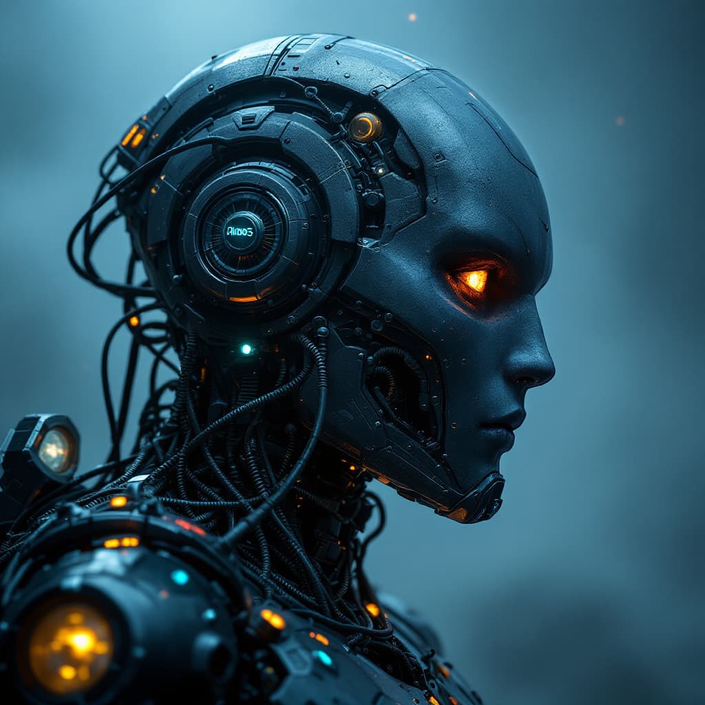 AI generated: rendering, side shot, falf-strange body with complex system equipment with hyper detail robot with t...
