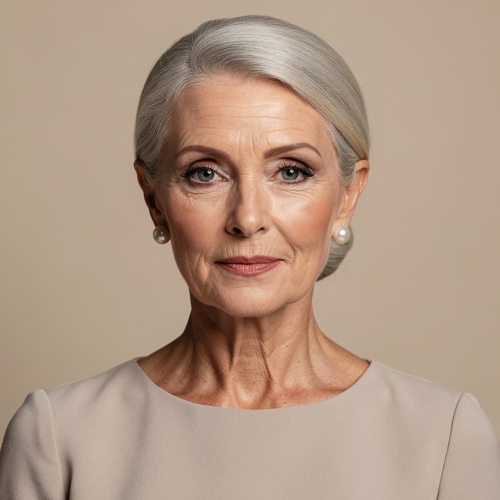 AI generated: portrait fashion photography of elderly woman with silver hair in a neat bun and pearl earrings, aga...