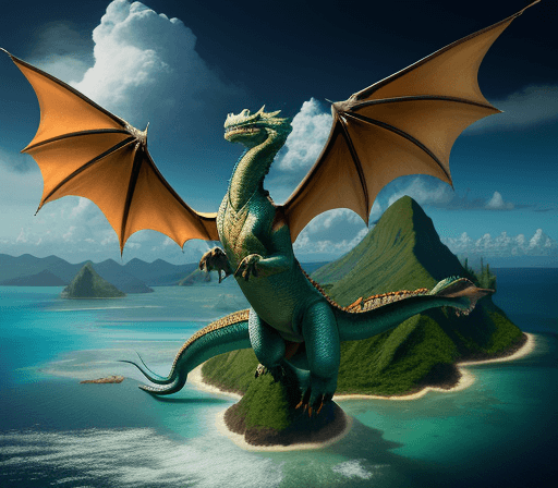 AI generated: A magical dragon flying away from a tropical island, 8k, in style of mona lisa

