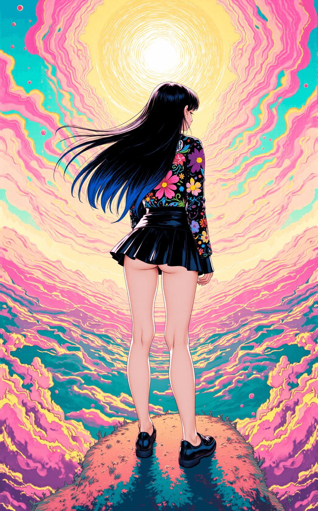 AI generated: A striking painting depicts a young female standing at the crest of a sun-drenched hill beneath a sw...