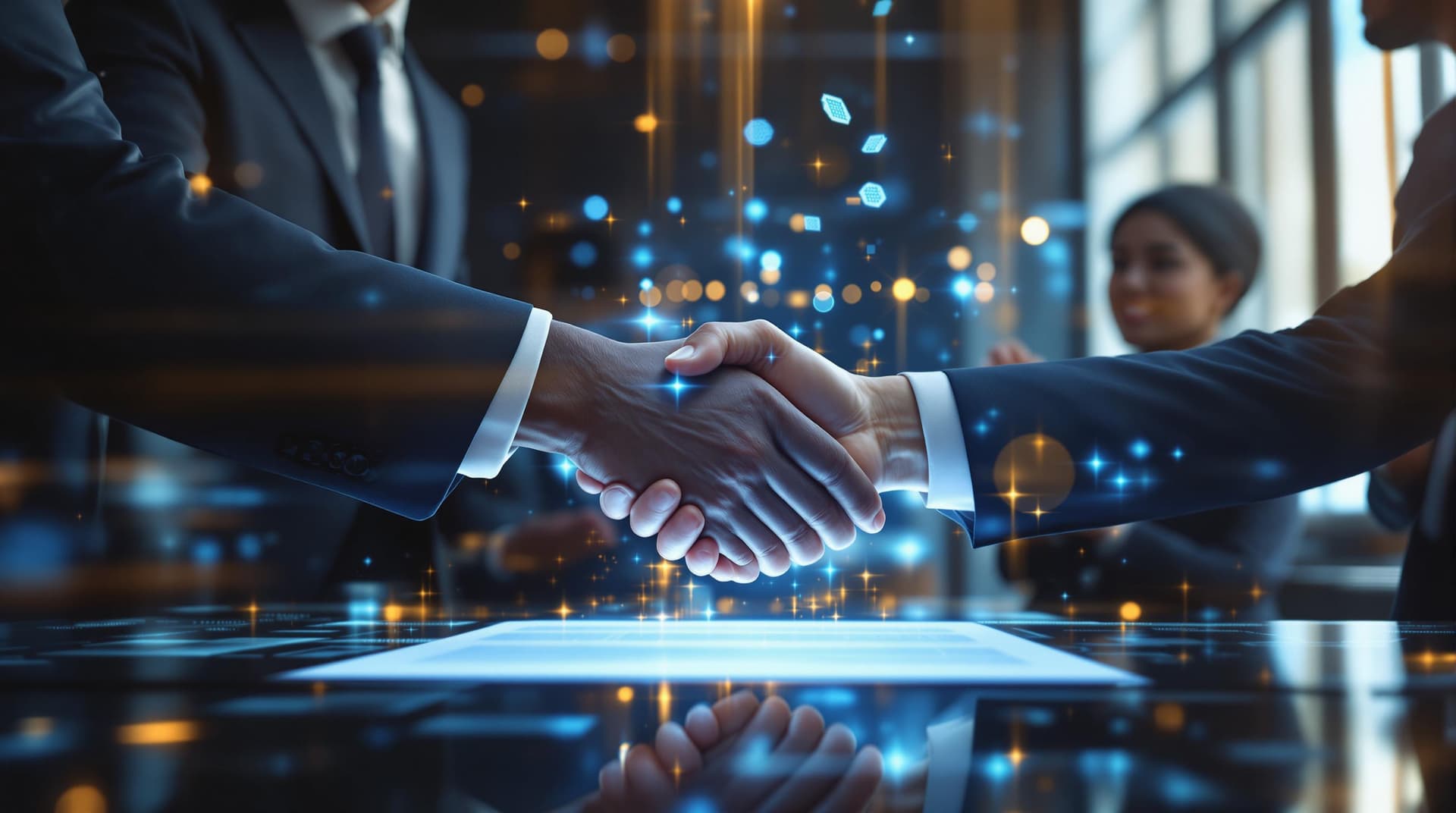 AI generated: /imagine prompt: 8K resolution of global merger signing ceremony, diverse executives shaking hands o...