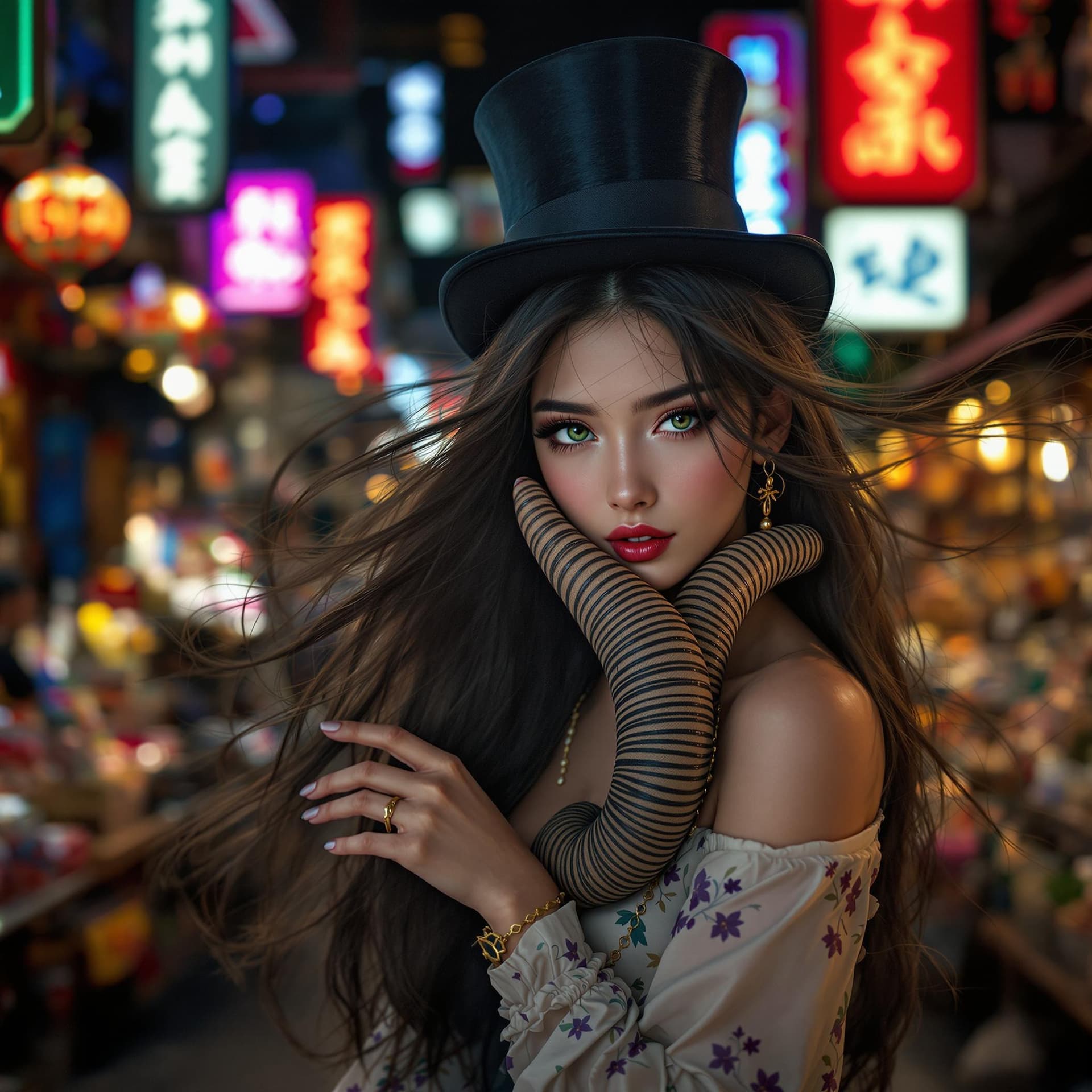 AI generated: realistic close portrait of very beautiful girl, a young supermodel girl, asian market background he...