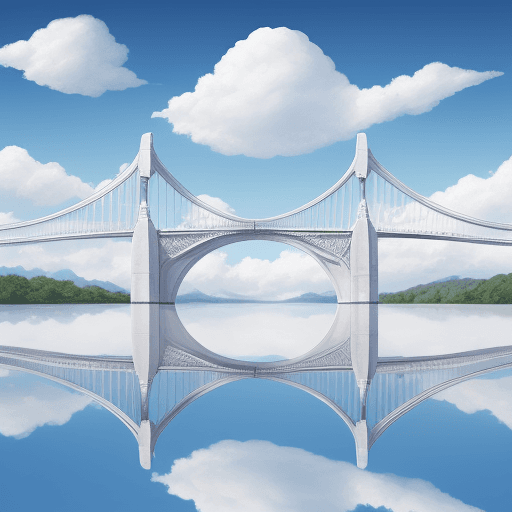 AI generated: huge white gold bridge beyond peace blue sky cloud background nothing else





