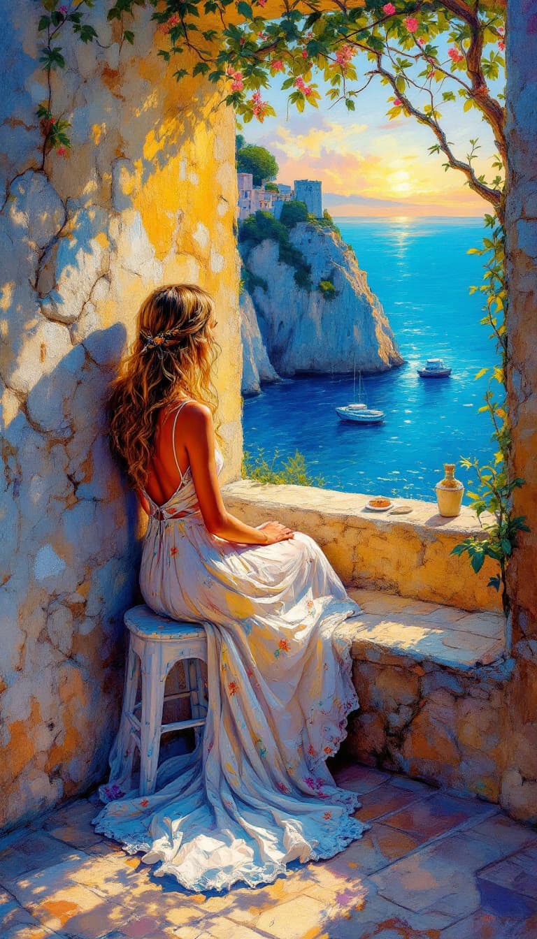 AI generated: Pintura impressionista de uma mulher com um vestido de verão e chapéu de palha sentado no muro de pe...