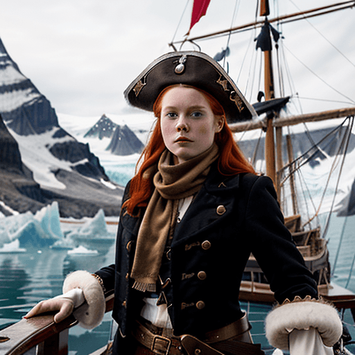 AI generated: A young redheaded fashionable pirate captain stands at the bow of her ship looking at an glaciers, s...