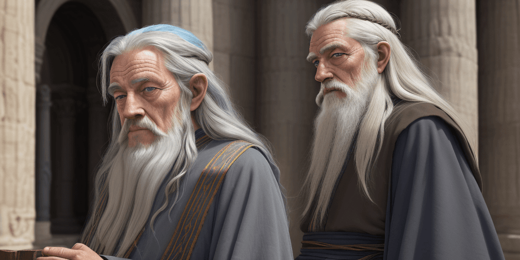 AI generated: Close up of an old wise man like a mixture of Gandalf and Obi Wan with long hair, grey beard and blu...