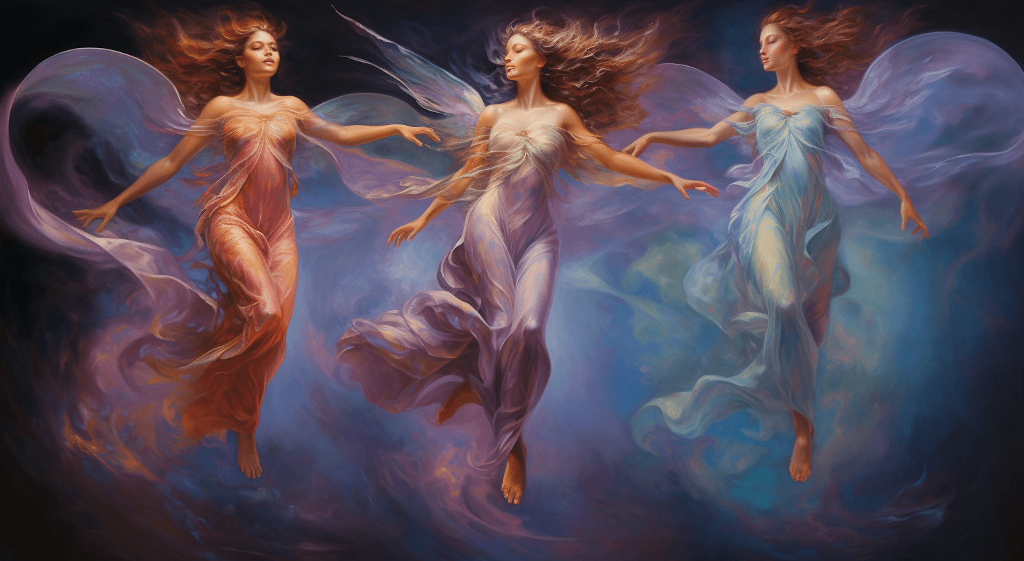 AI generated: Three women flying in the sky, in the style of artgerm, bioluminescence, john pitre, enchanting real...