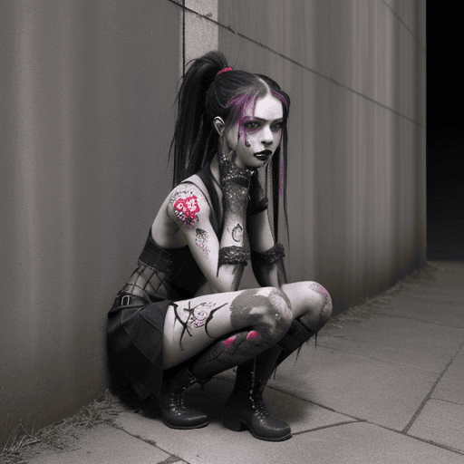 AI generated: a girl kneels down behind a wall holding a sword, in the style of cybergoth, red threads, midwest go...