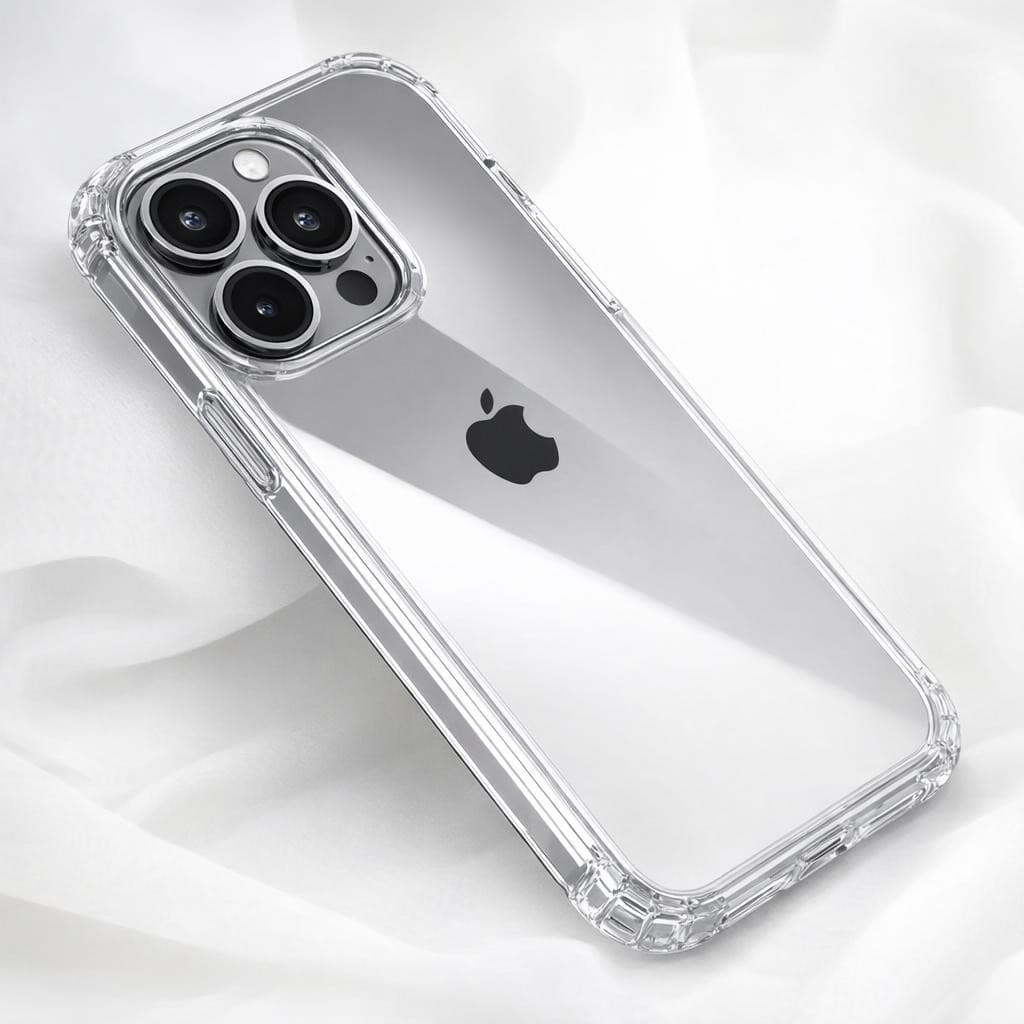AI generated: ultra realistic product shot of iPhone 16 wearing a crystal clear hybrid case (PC + TPU), perfectly ...