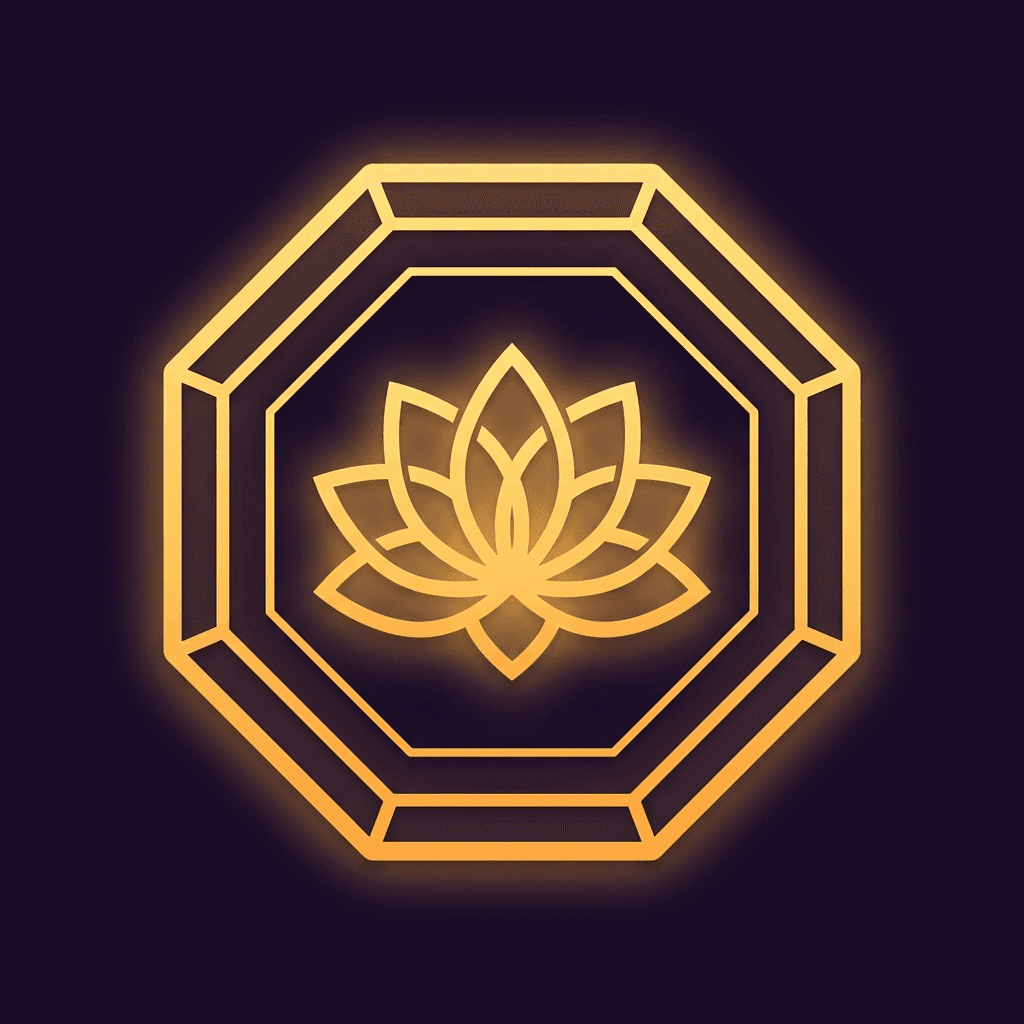 AI generated: glowing geometric octagon icon, golden #FFB845 dominant color, dark purple background, 
lotus flower...