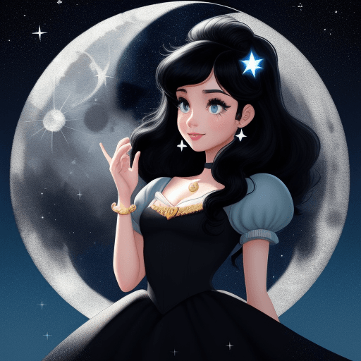 AI generated: black hair, disney style, cute, pretty, moon, bright background, fantasy, stars, classy