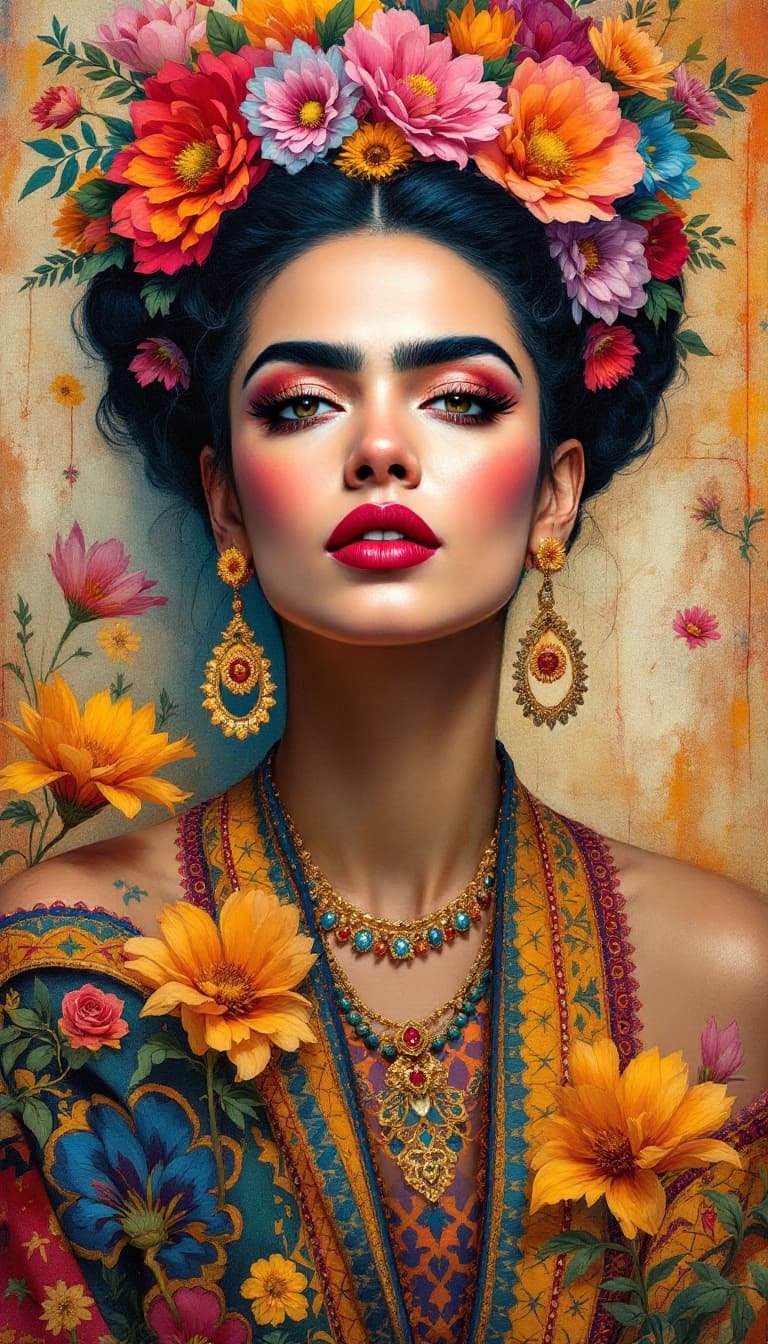 AI generated: A spectacular, large-scale painting of a spirited and vibrant woman adorned in elaborate, folkloric-...