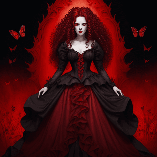 AI generated: a full-length portrait of the red queen, red theme, underworld theme, masterpiece of deviant art, re...