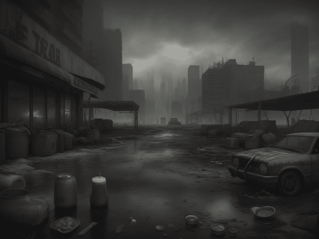 AI generated: photo of a cold beer in post apocalyptic environment. ultra realism, high detail, 4k
