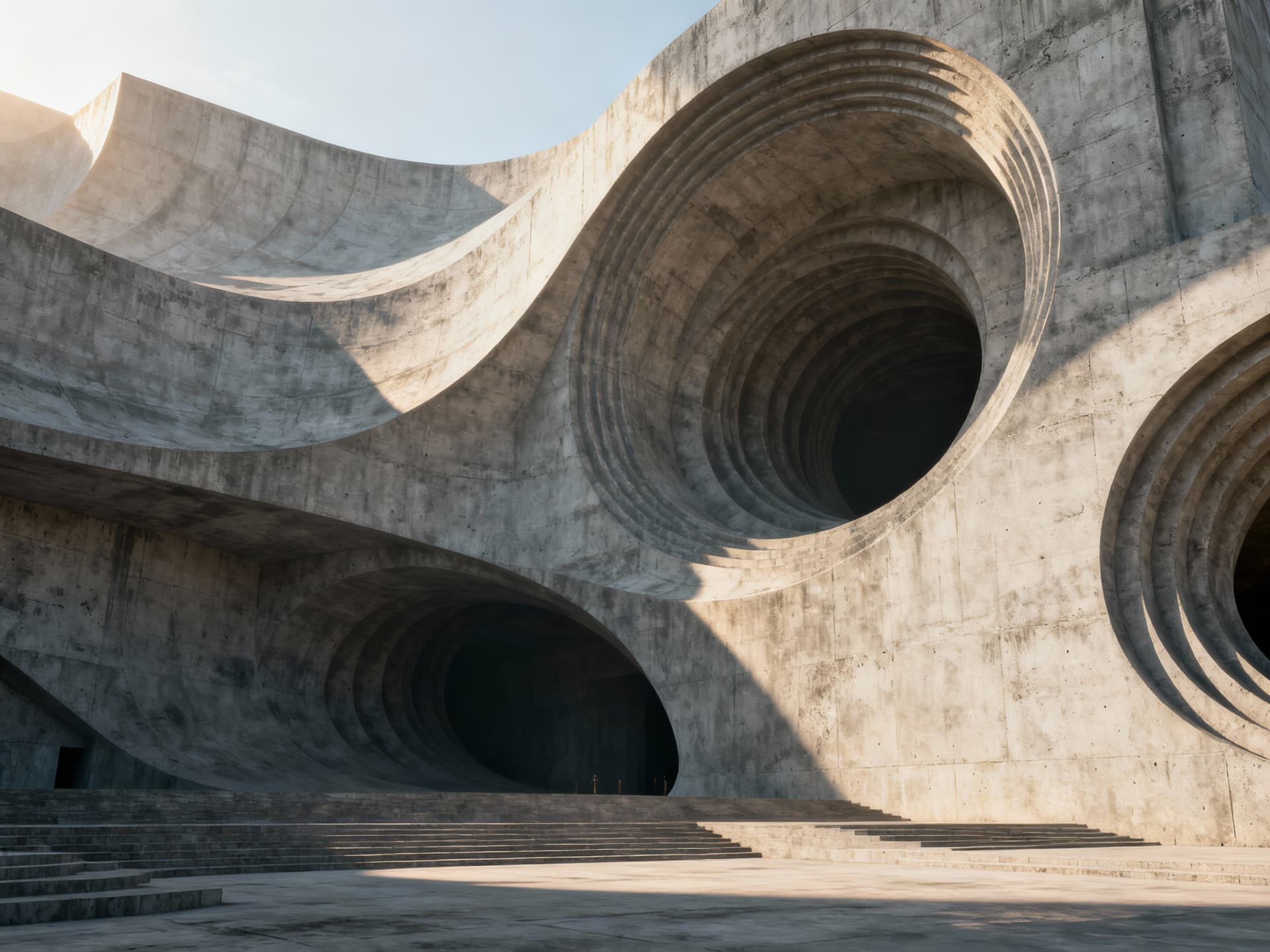 AI generated: Massive monolithic concrete structure with wave-like geometry, large internal voids, spiral forms, m...