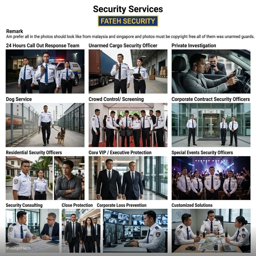 AI generated: Security Services
FATEH SECURITY
Remark : Am prefer all in the photos should look like from malaysia...