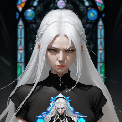 AI generated: an illustration of a woman with a white hair wearing a black t shirt, in the style of colorful fanta...