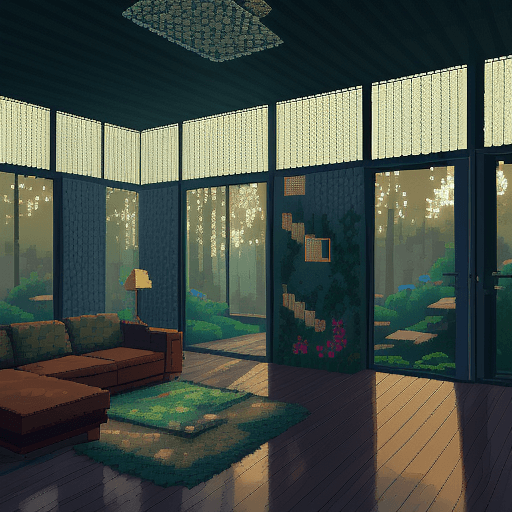 AI generated: a pixel art of a beautiful house where walls are made of windows in mid-century modern style at sunr...